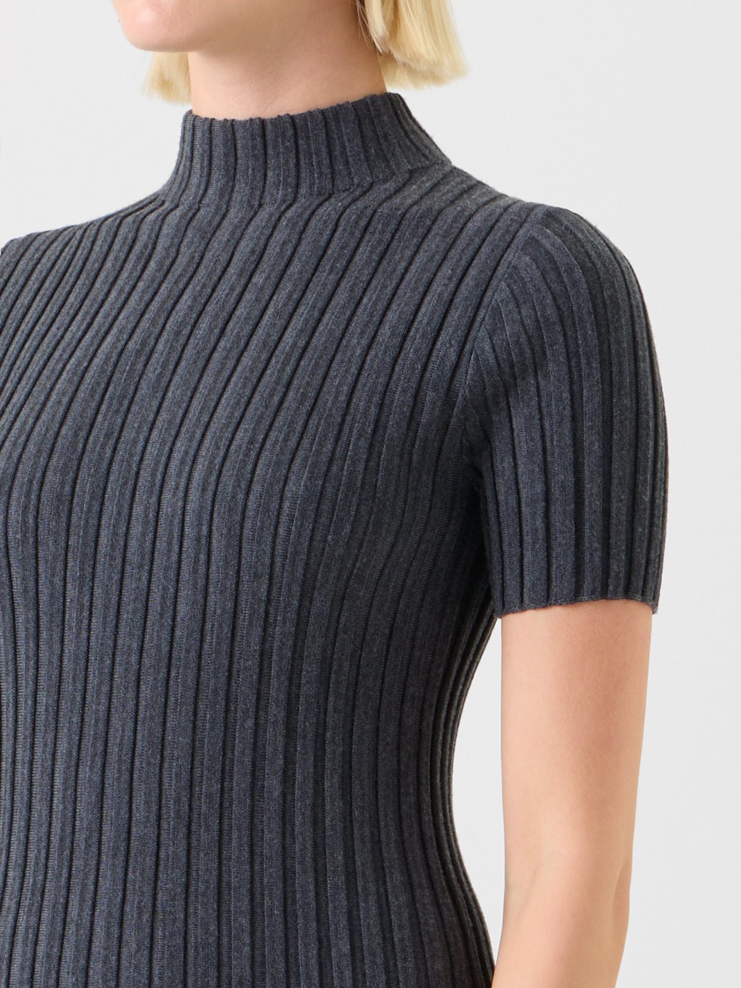 Designer Fitted Merino Wool Rib Mock Neck Knit Top - neutral - grey 