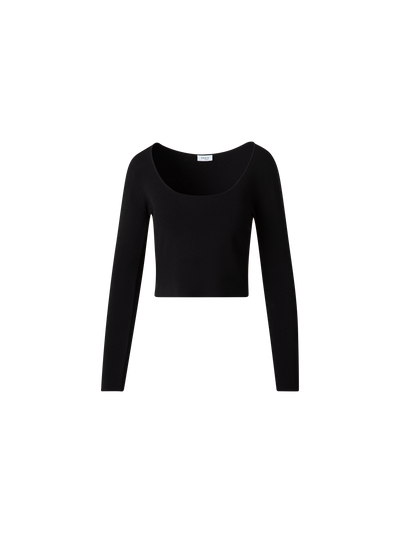 Designer Cropped Long Sleeves Knit Top in Viscose - black