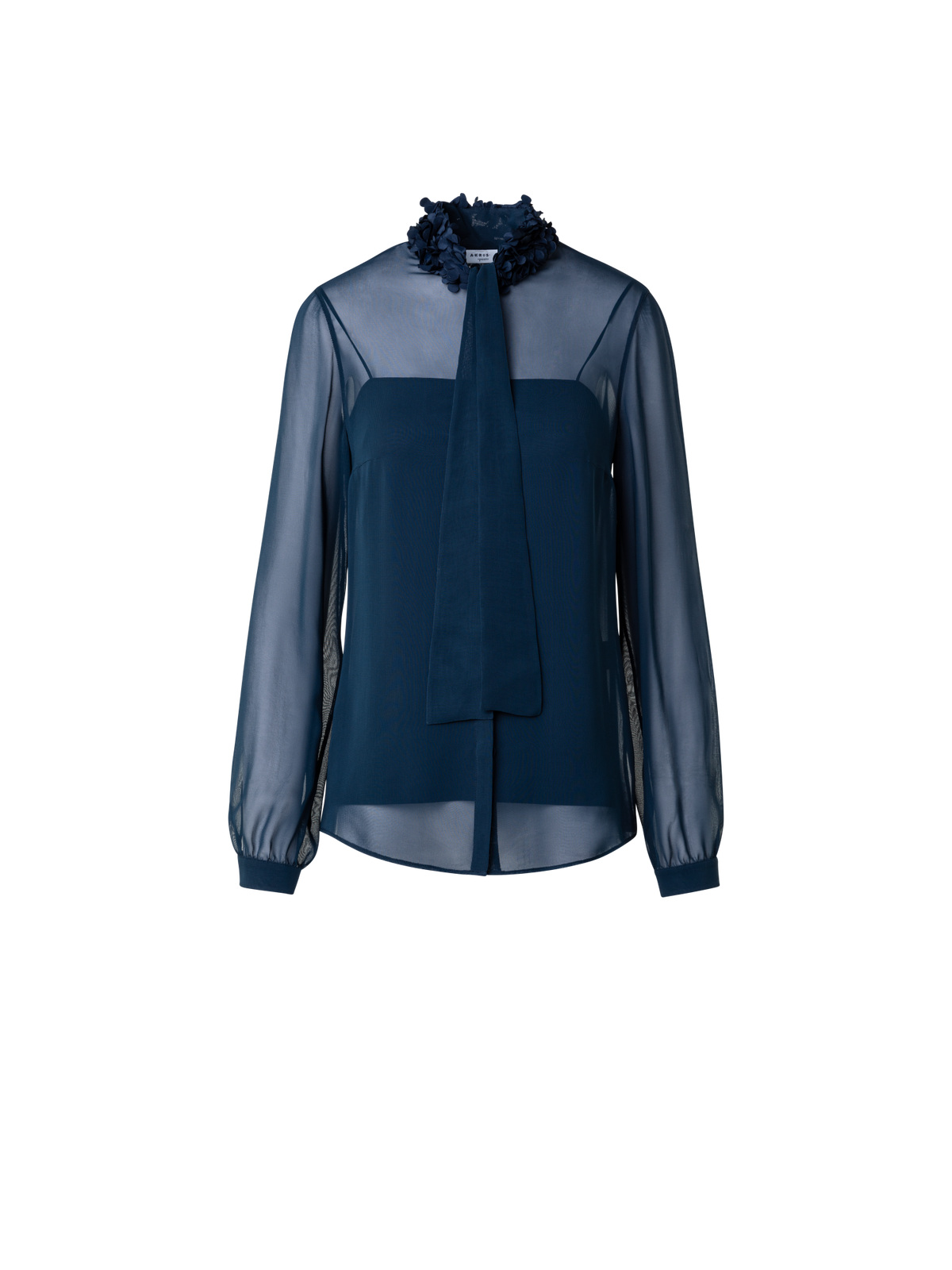 Designer Sheer Blouse with Bow and 3D Laser Cut Flakes - navy - blue