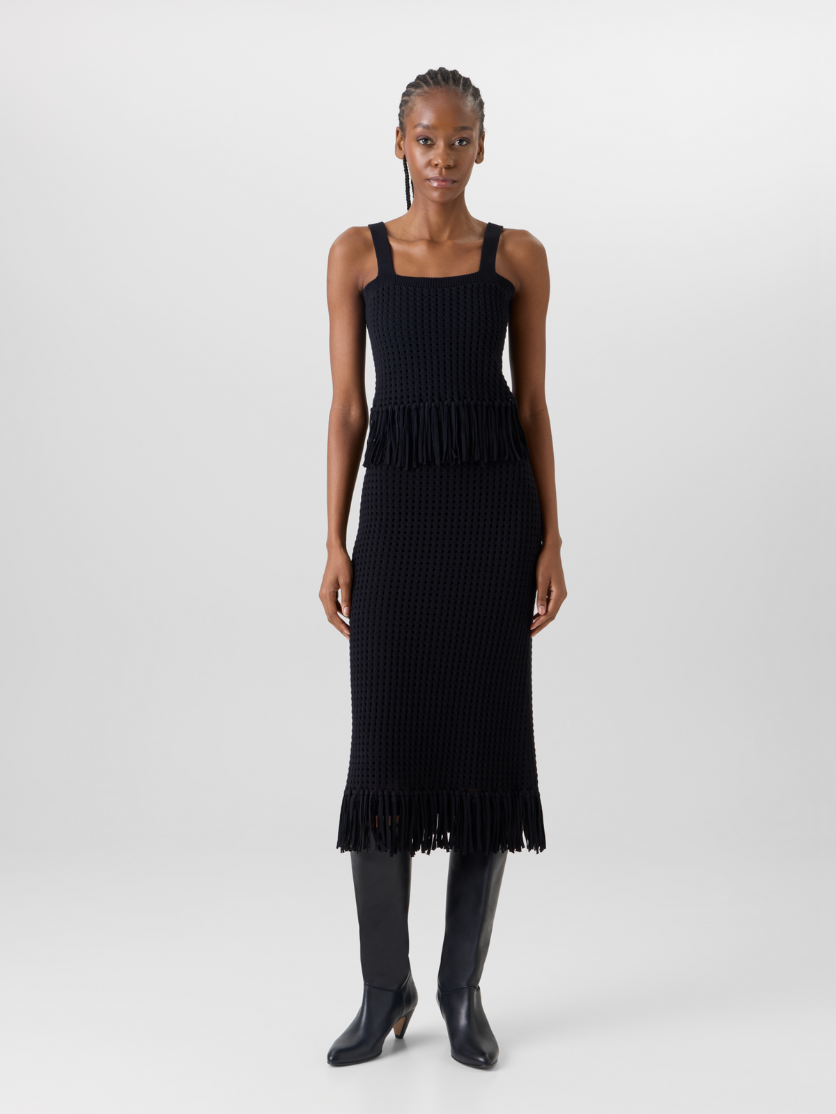 Designer Short Chunky Cotton Mesh Knit Top - black #editorial