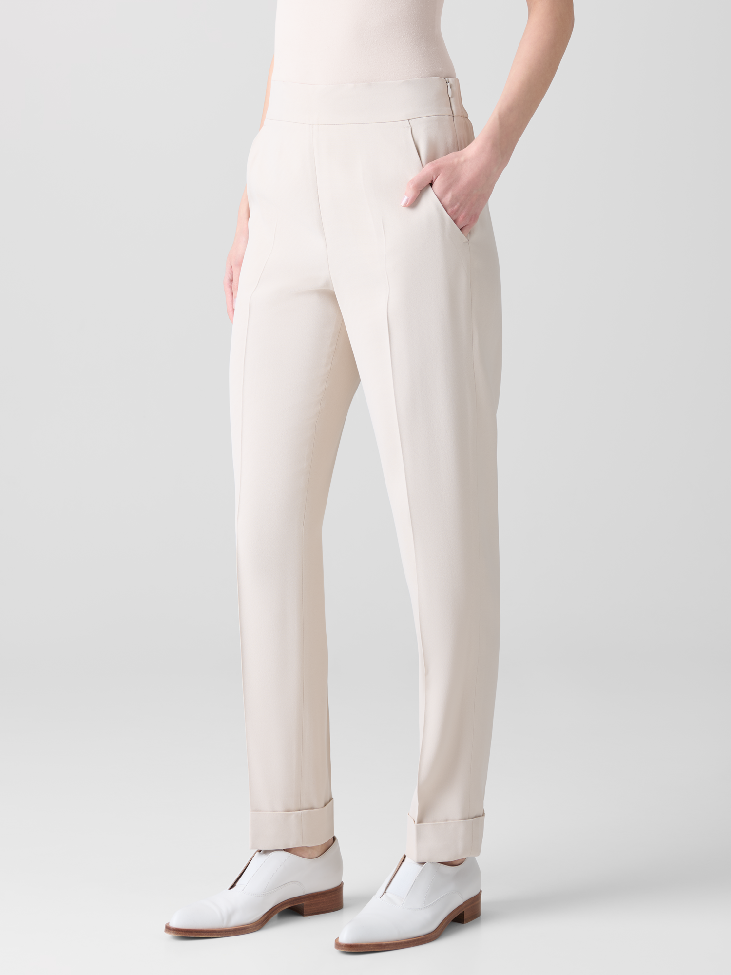 Designer Tapered Ankle Length Pants with Elastic Waist - neutral - ecru - beige - white 