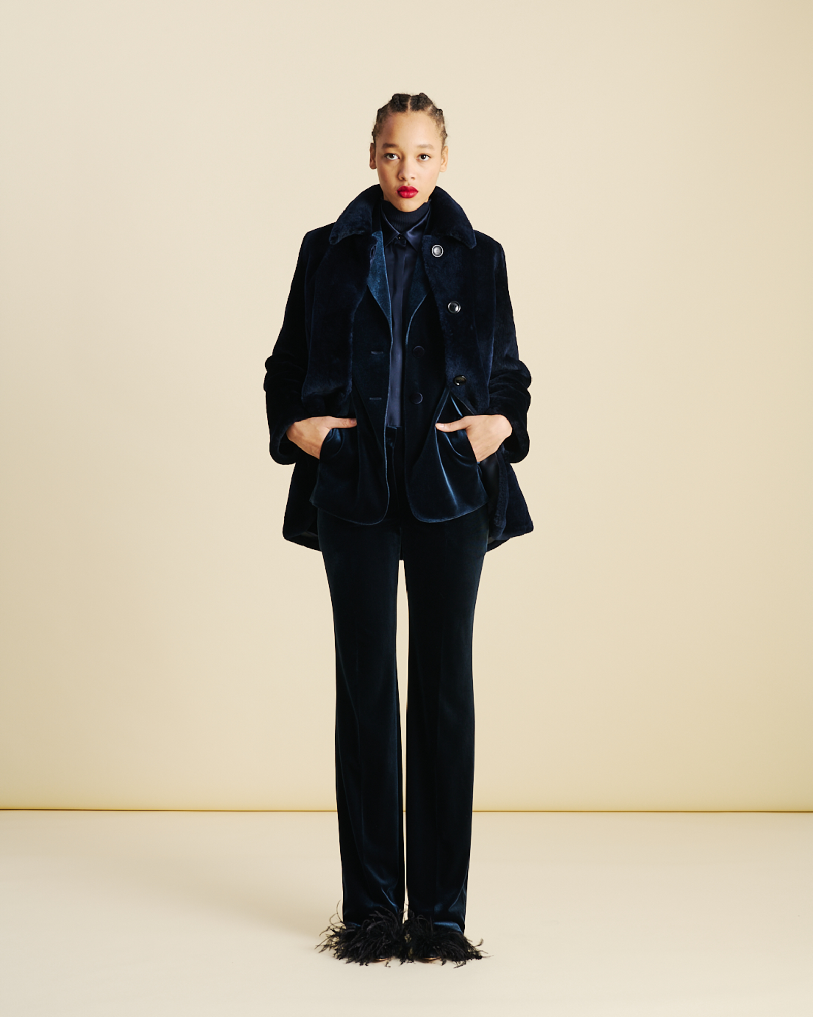 Designer Long Stretch Techno Velvet Blazer Jacket - neutral - navy - blue 