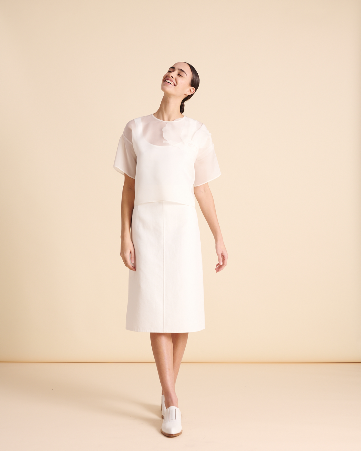 Designer Cropped Silk Blouse with 3D Organza Anemone - neutral - ecru - white