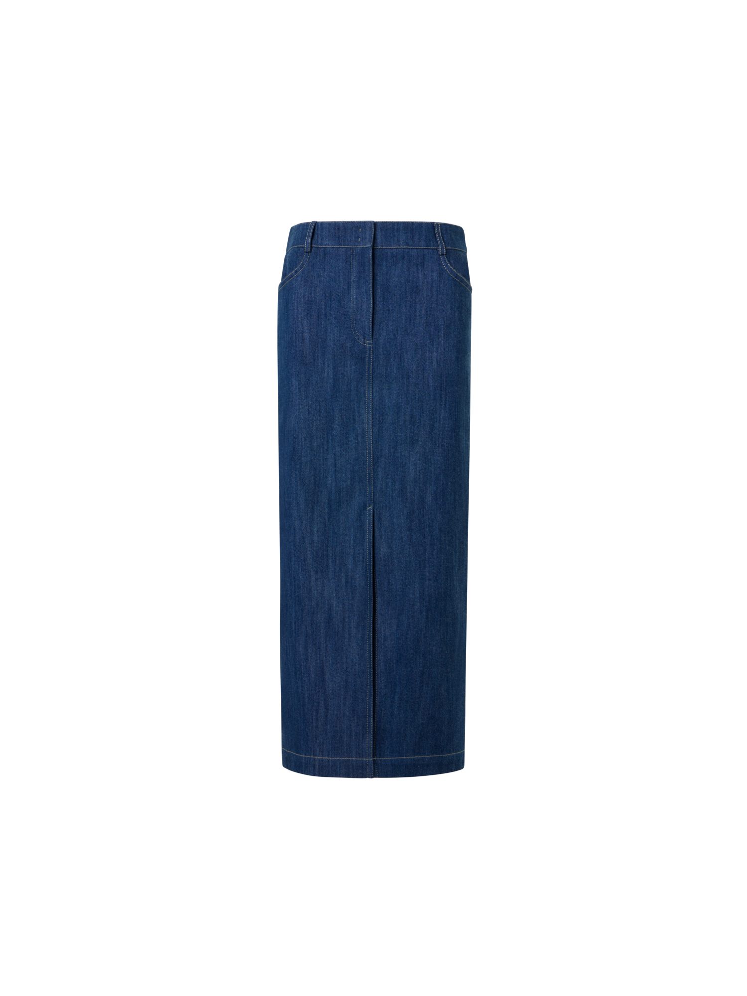 Designer Cotton Stretch Denim Midi Pencil Skirt - navy