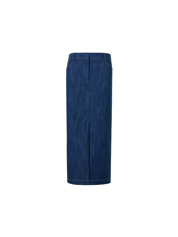 Designer Cotton Stretch Denim Midi Pencil Skirt - navy