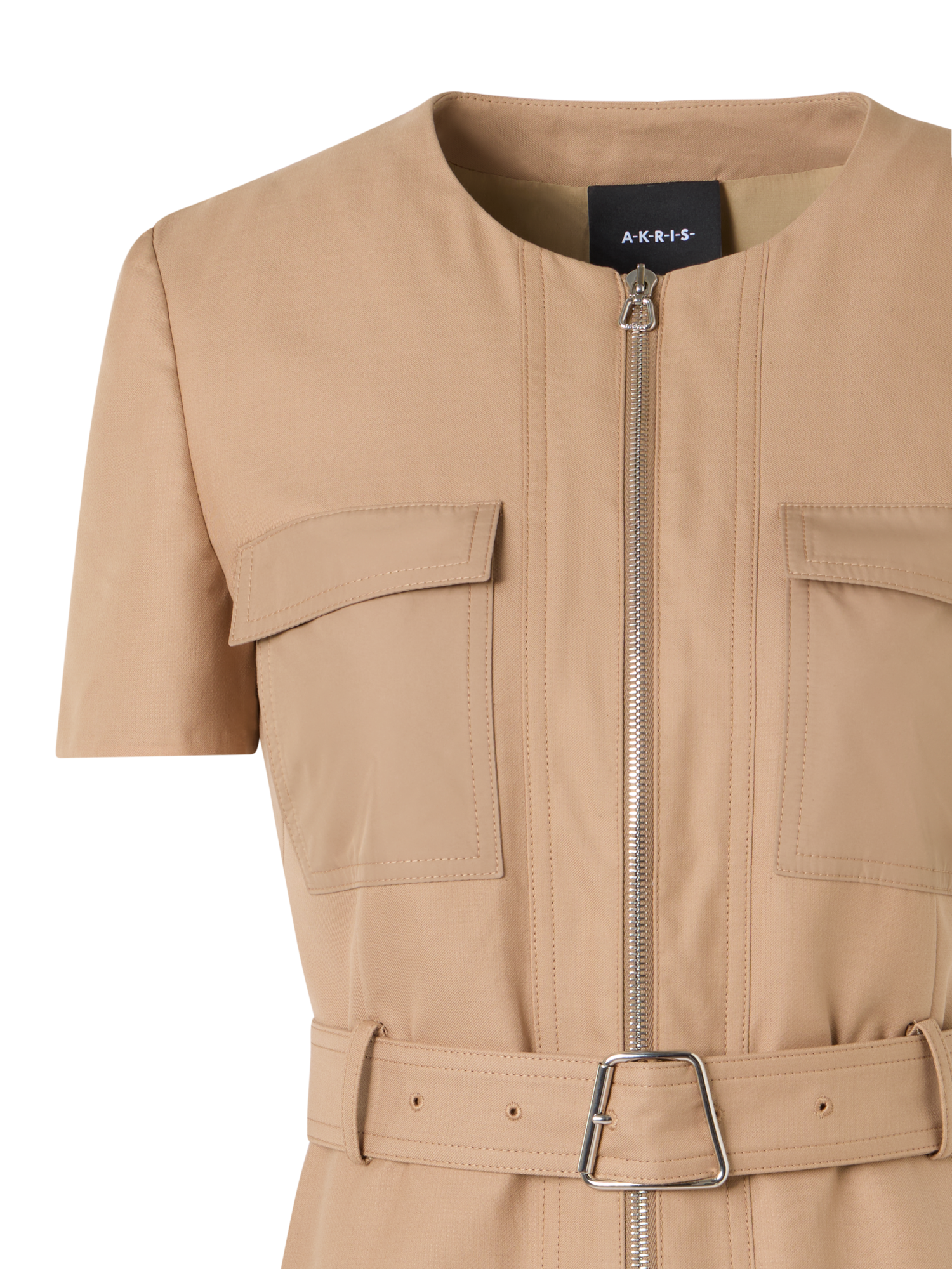 Designer Short-Sleeve Cotton Double-Face Dress - beige