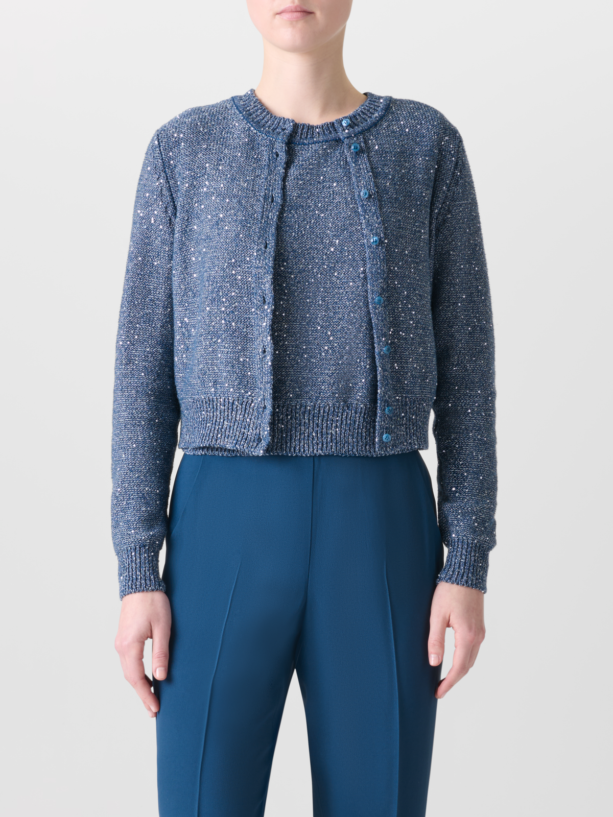 Designer Cardigan in Linen Cotton with Micro Sequins - blue #editorial