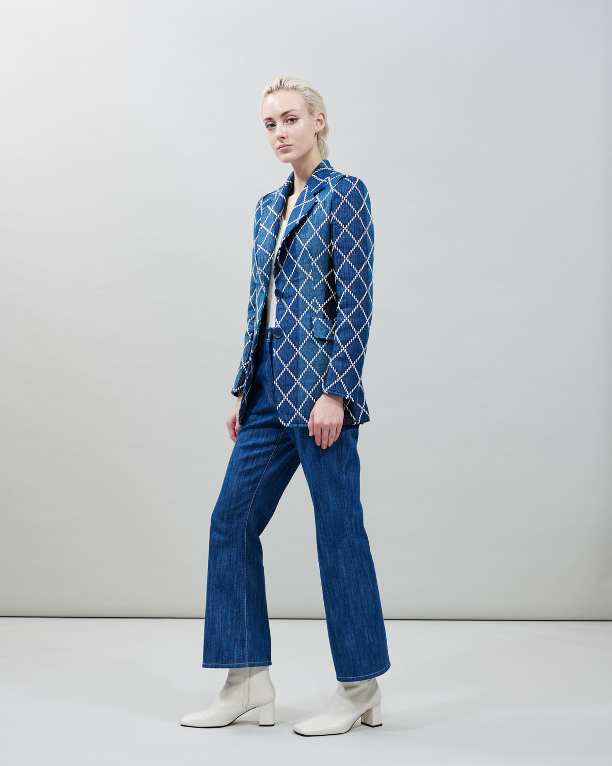 Designer Long Cotton Blazer with Diamond Jacquard - blue - multicolor #editorial