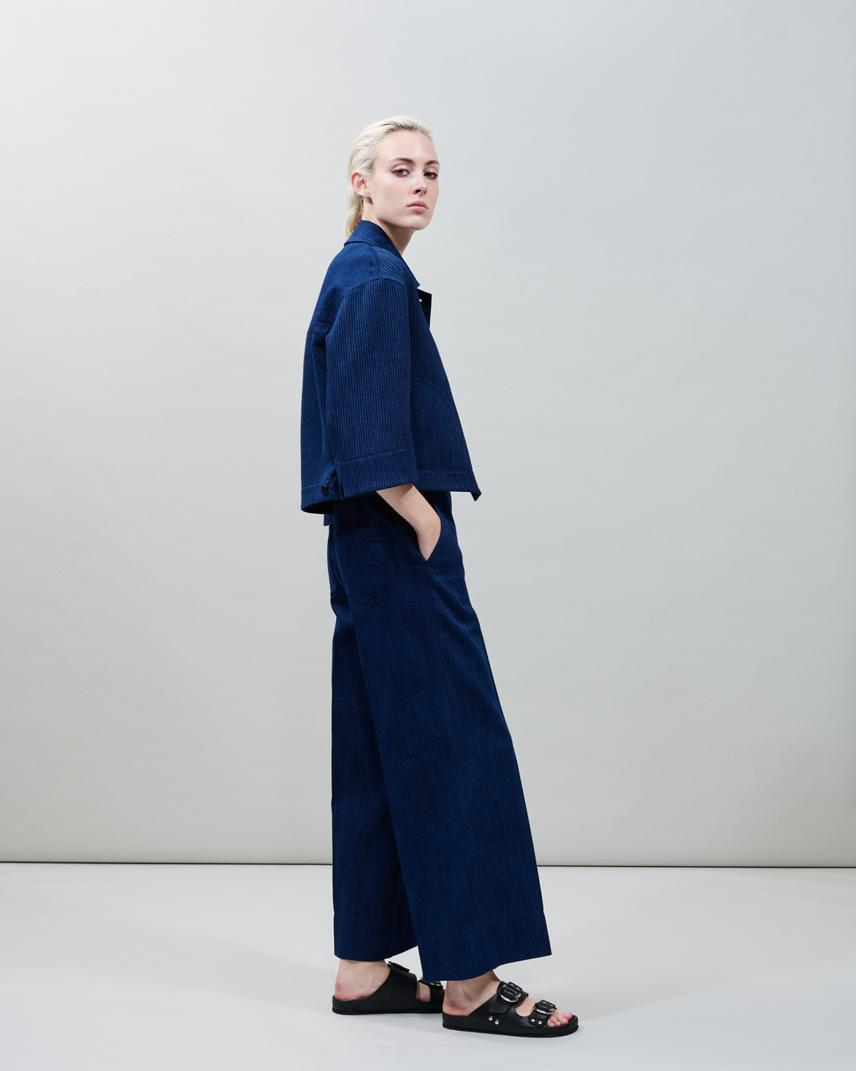 Designer Cropped Wide Cotton Denim Pants - blue #editorial