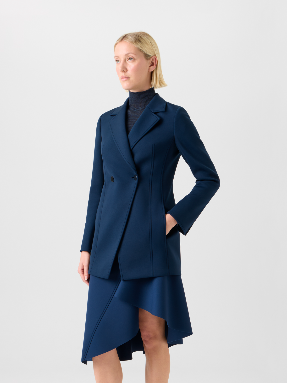 Designer Fitted Double-Breasted Techno Neoprene Jacket - neutral - navy - blue #editorial