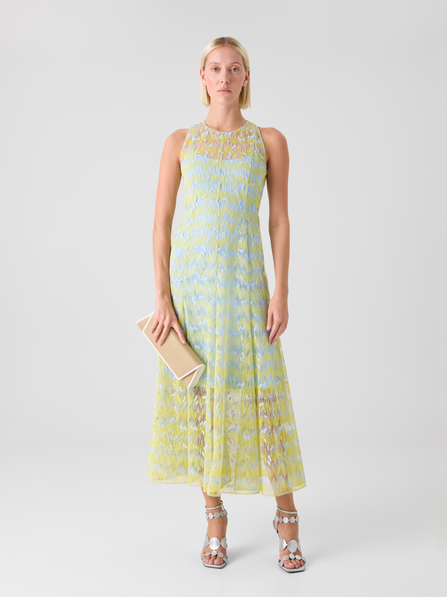 Designer Sheer Scribble Dot Embroidered Flared Midi Dress - blue - yellow 