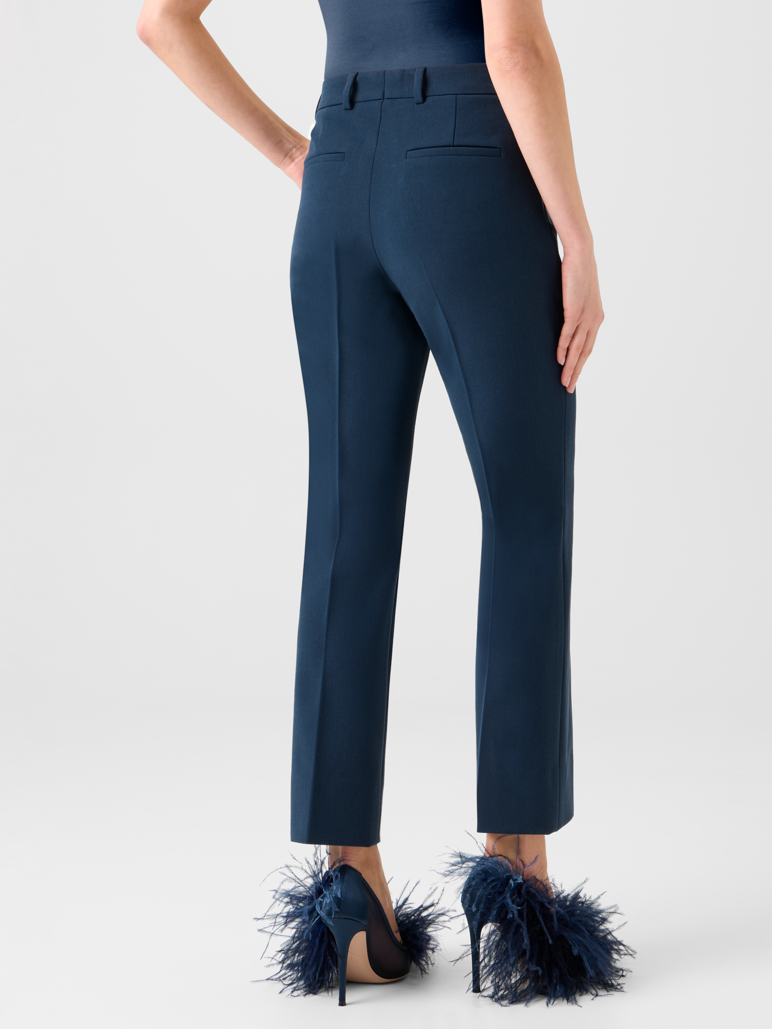 Designer Cropped Straight Stretch Lyocell Wool Pants - neutral - navy - blue 
