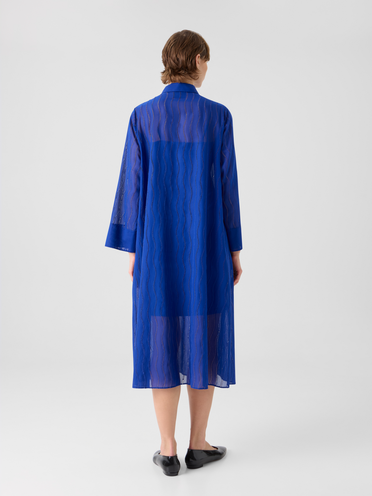 Designer Midi Shirt Dress with Wave Embroidery - blue #editorial