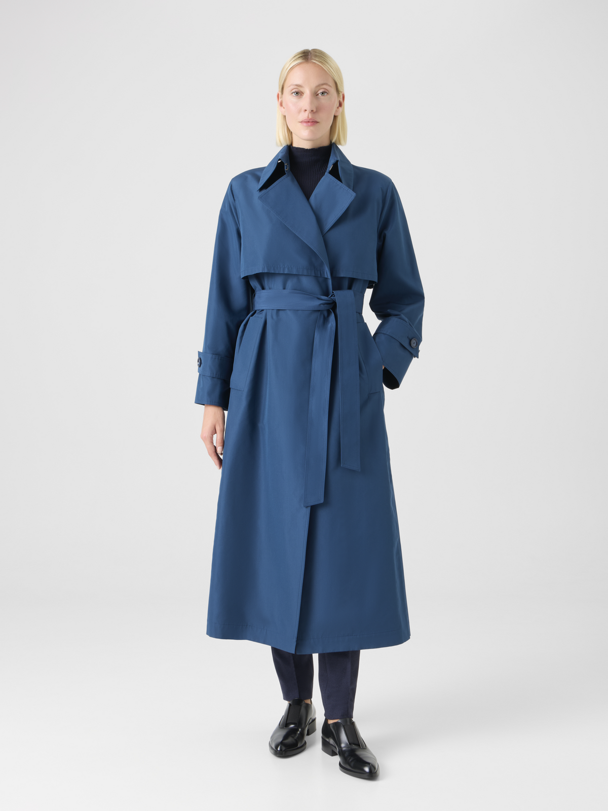 Designer Silk Poplin Oversized Trench Coat - navy - blue #editorial