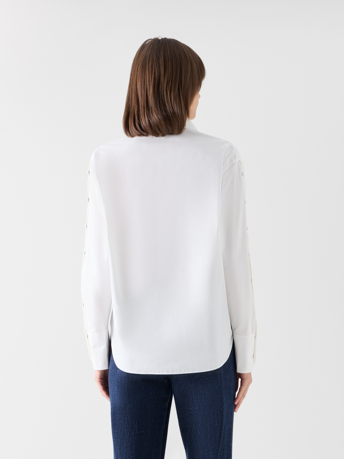 Designer Cotton Poplin Blouse with Snap-Button Slit Sleeves - ecru 