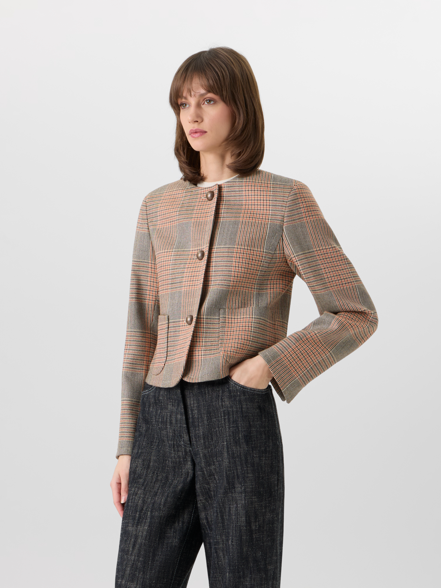 Designer Long-Sleeve Glen-Check Heavy Wool Twill Jacket - multicolor 