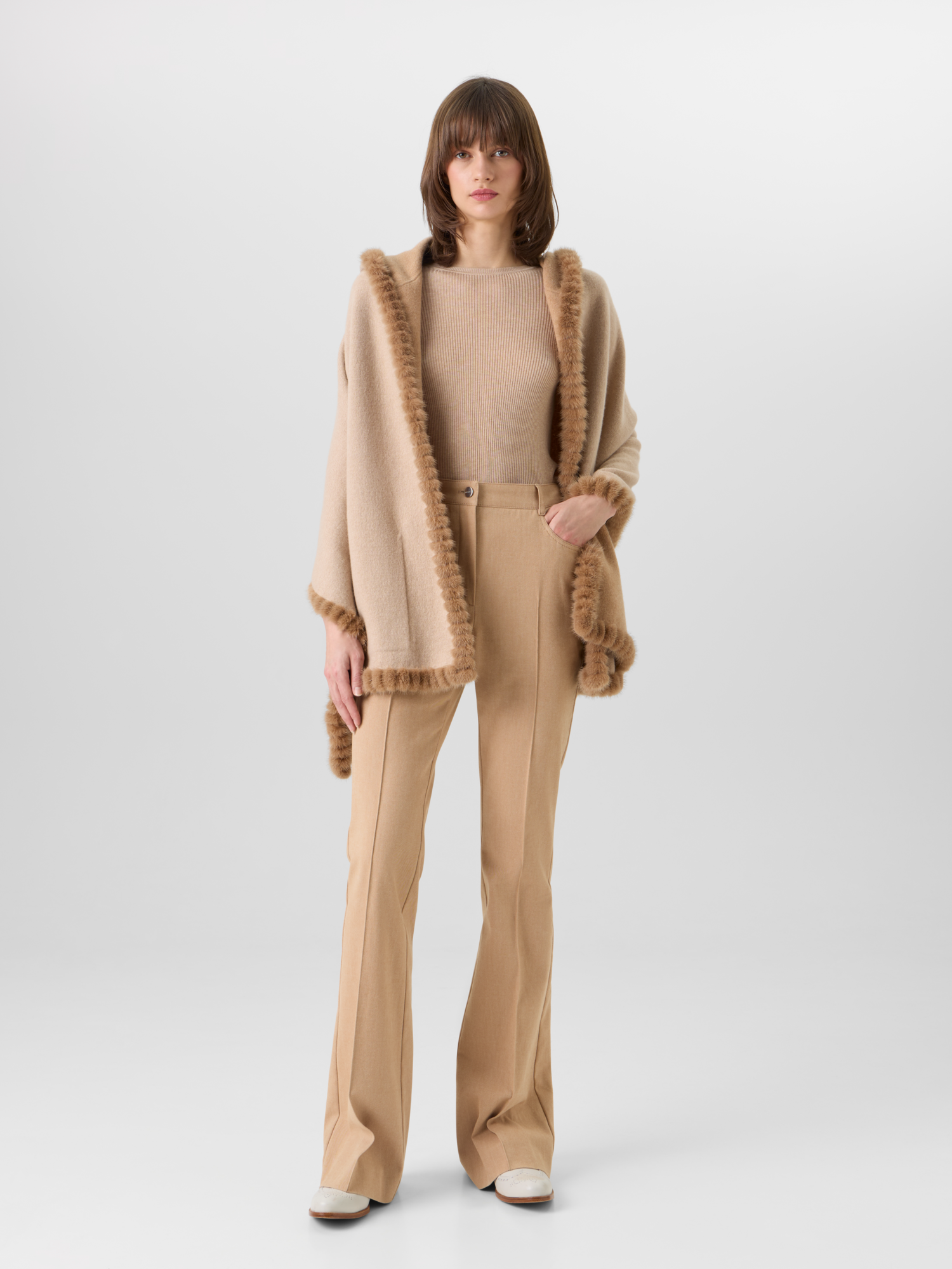 Designer Cashmere Double-Face Knit CardiganCape - beige 