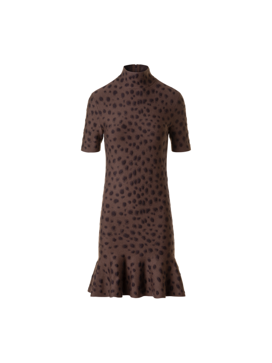 Designer Knit Dress in Leopard Jacquard with Flounce Hem - neutral - brown