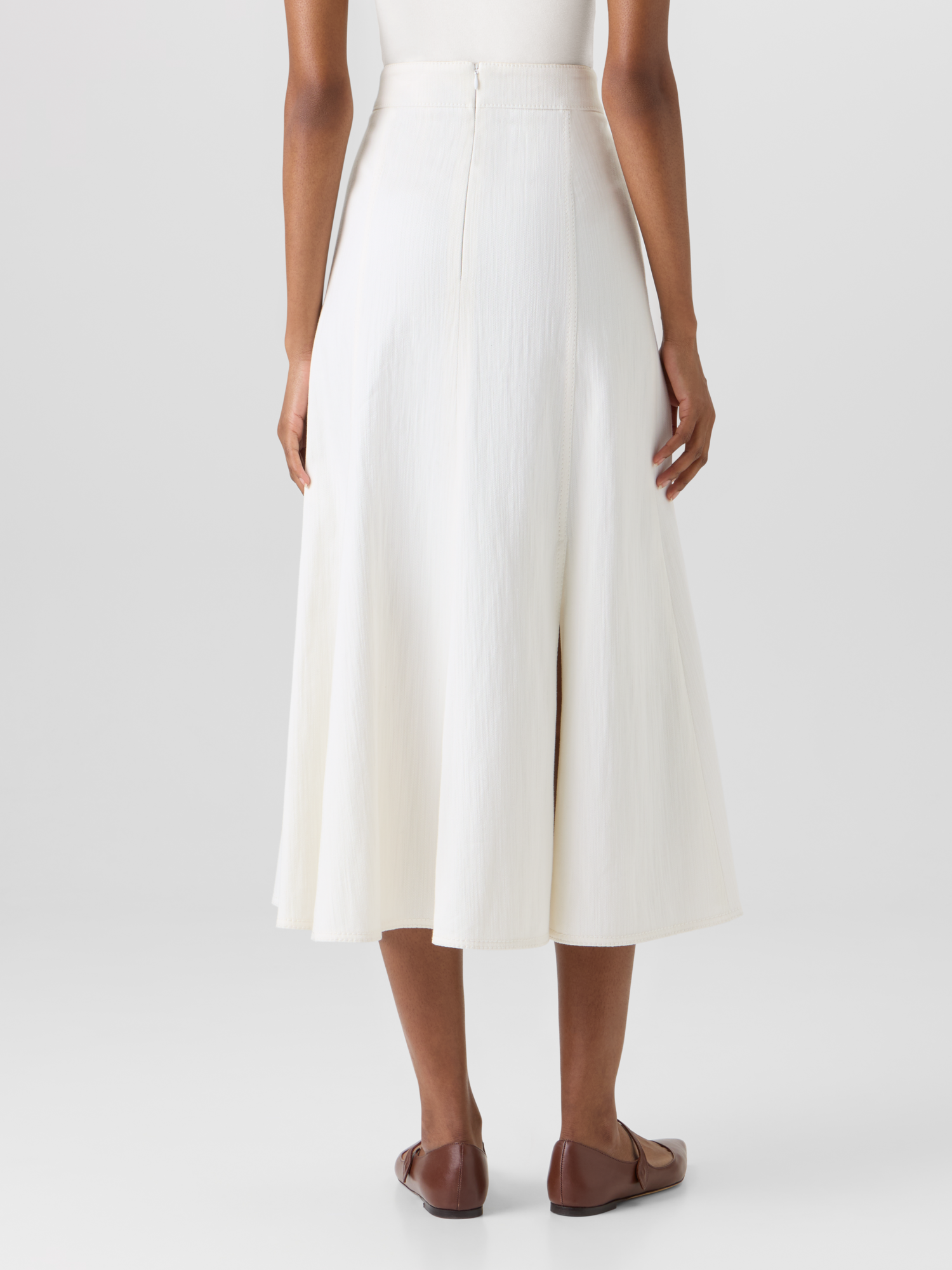 Designer Flared Cotton-Stretch Denim Midi Skirt - white 