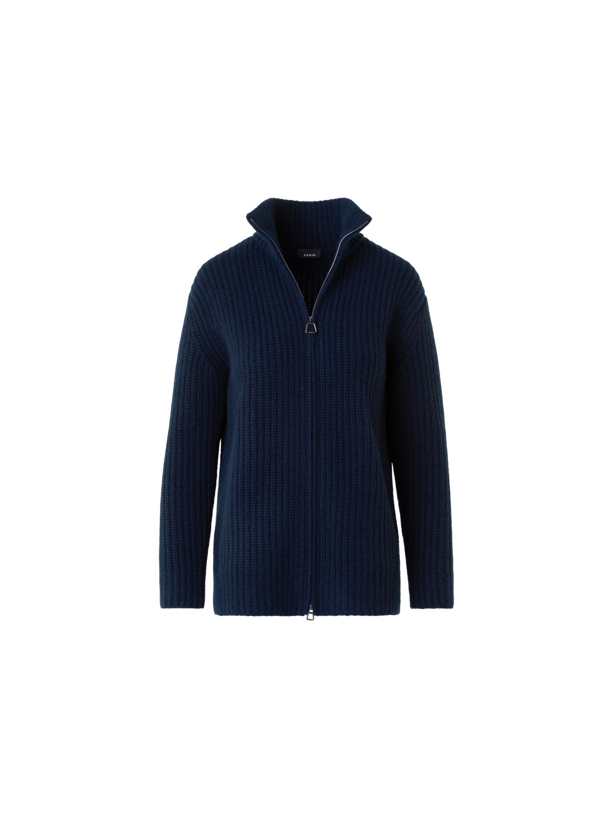 Designer Cashmere Mock Neck Chunky Knit Cardigan - neutral - navy - blue