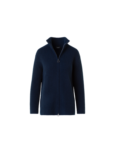 Designer Cashmere Mock Neck Chunky Knit Cardigan - neutral - navy - blue