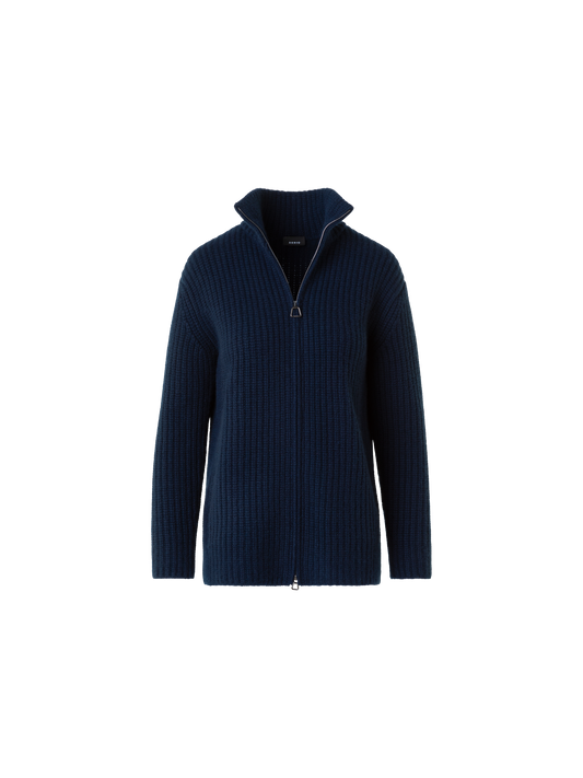 Designer Cashmere Mock Neck Chunky Knit Cardigan - neutral - navy - blue