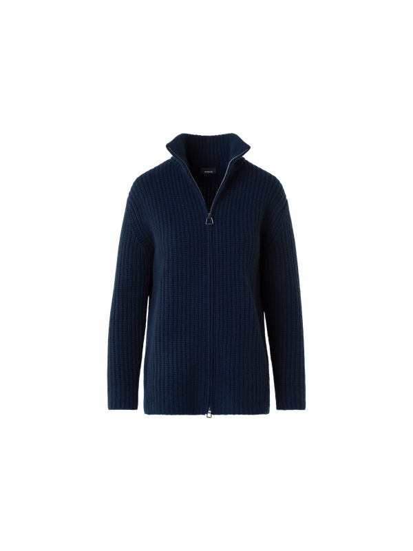 Designer Cashmere Mock Neck Chunky Knit Cardigan - neutral - navy - blue