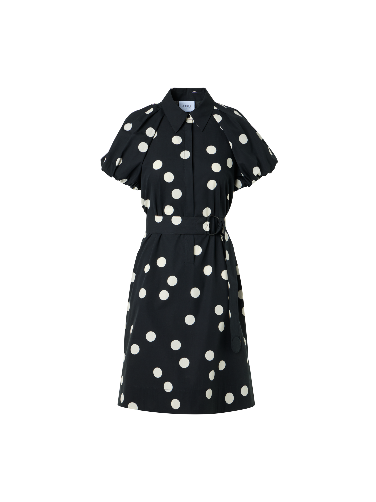 Designer Polka Dot Cotton Shirt Dress with Puff Sleeves - black