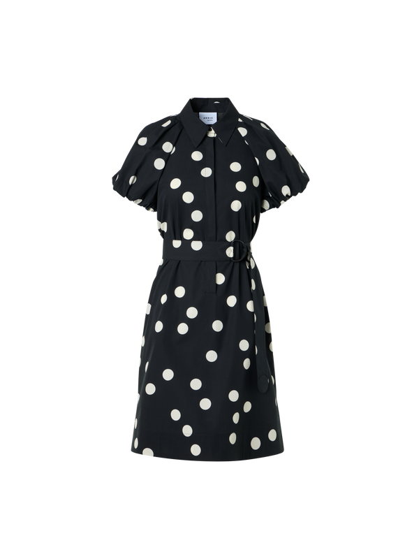 Designer Polka Dot Cotton Shirt Dress with Puff Sleeves - black