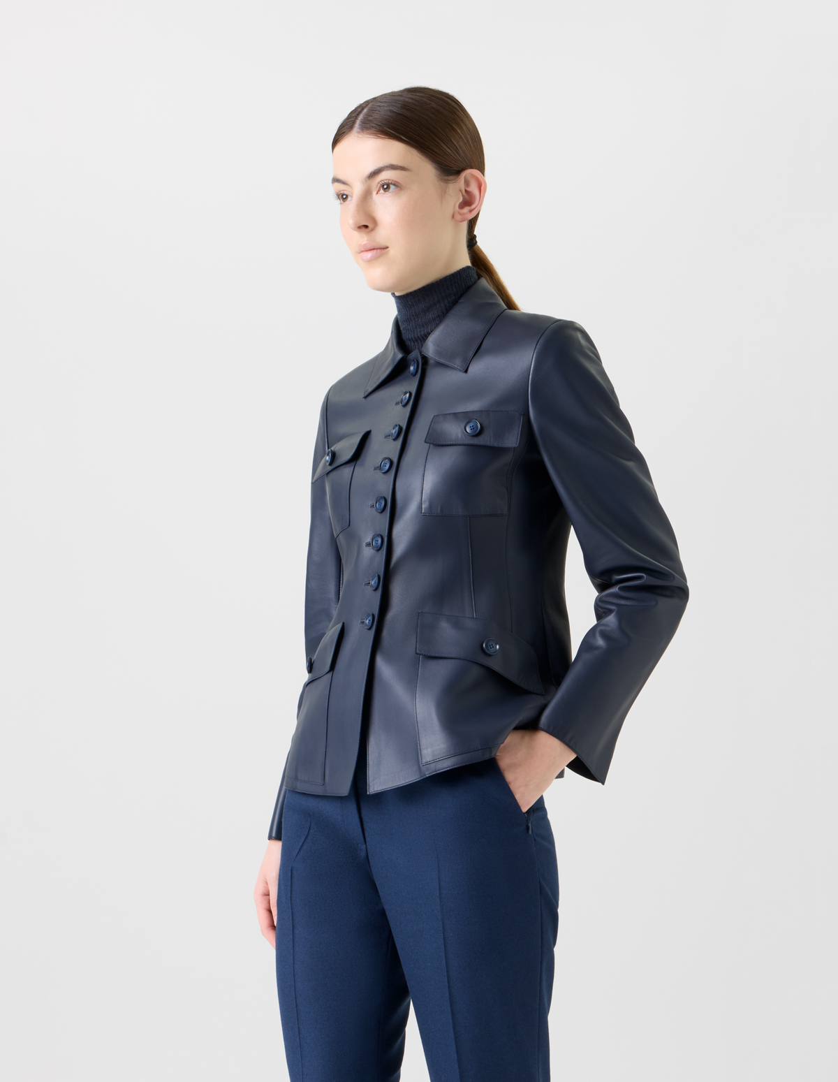 Designer Fitted Leather Jacket with Patch Pockets - neutral - navy - blue #editorial