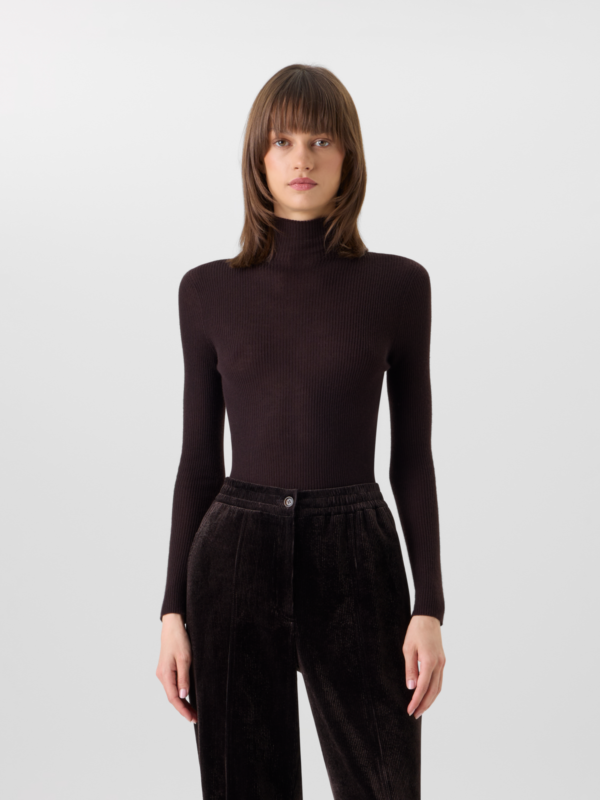 Designer Fine Rib Cashmere Silk Mock Neck Sweater - brown 