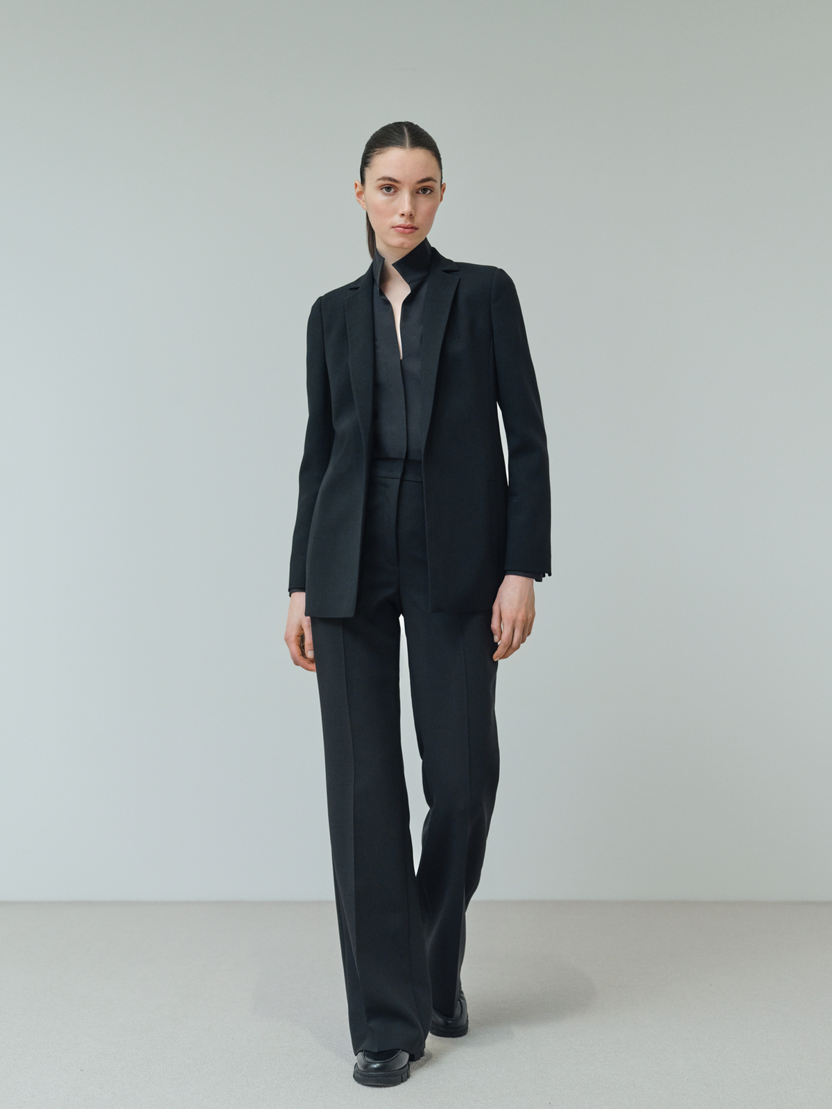 Designer Long Sleeve Silk Blouse with Stand-up Collar - black #editorial