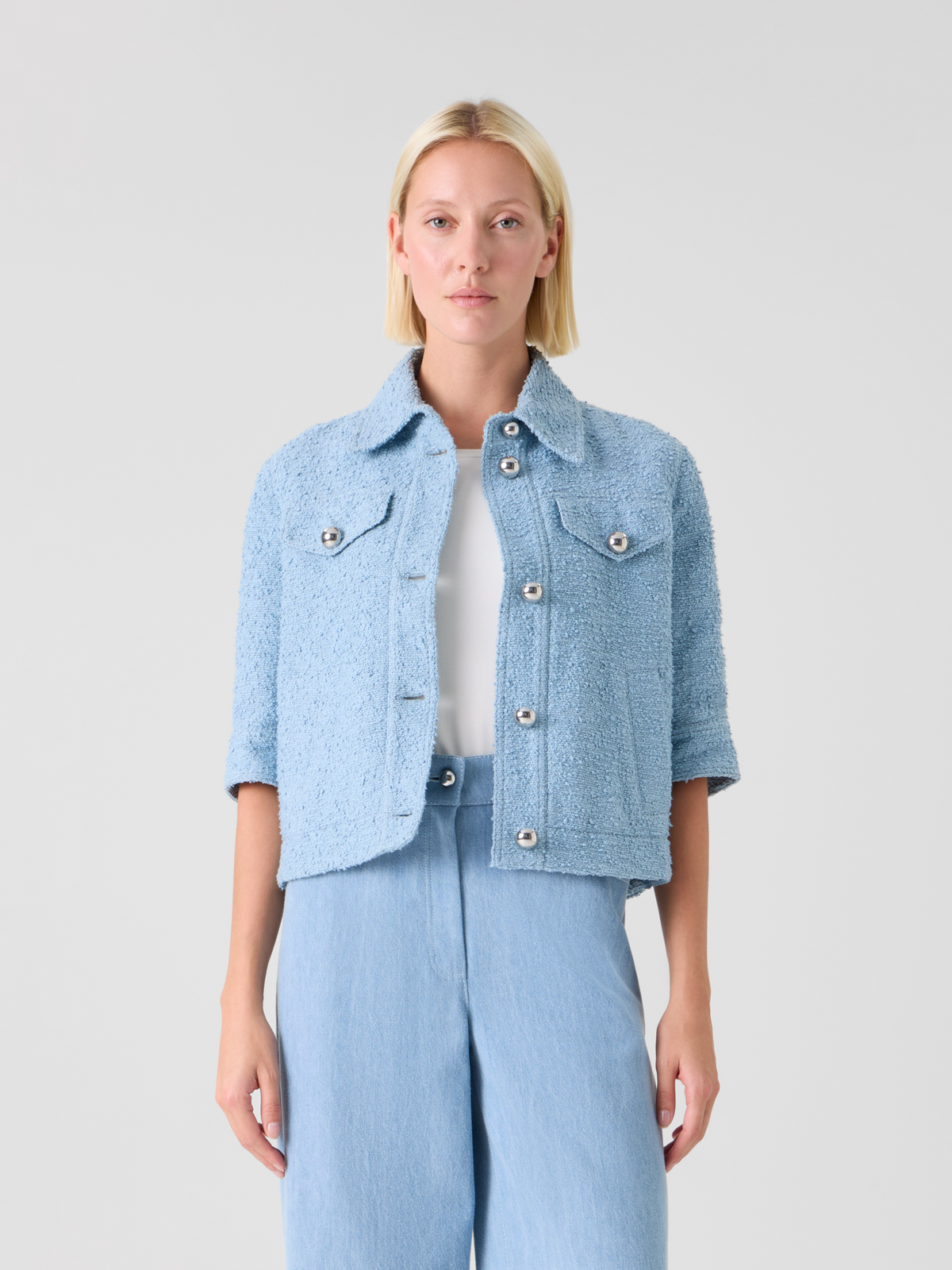 Designer Short Bouclé Cotton Summer Jacket - blue