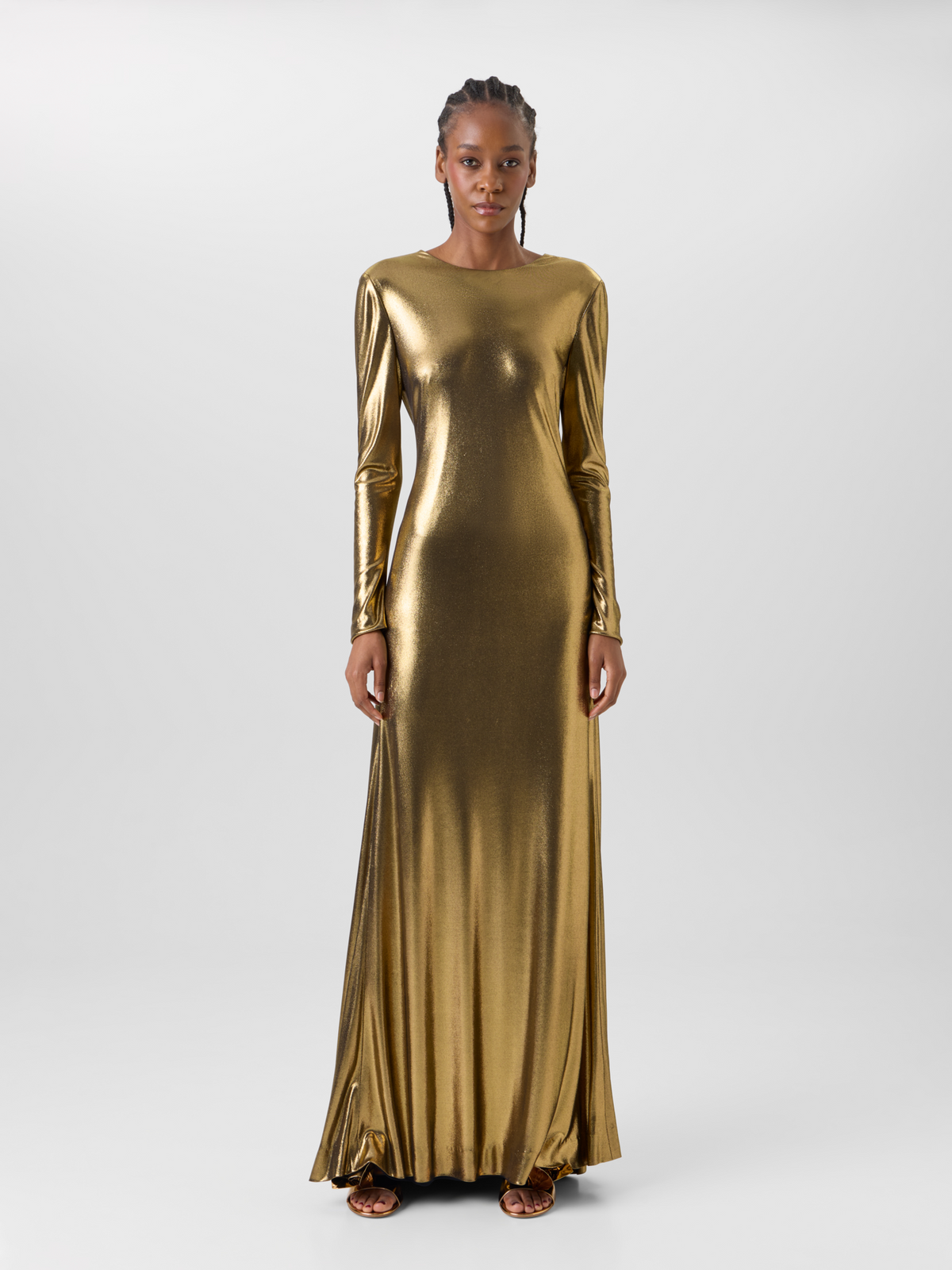 Designer Lamé Jersey Gown with Open Back and Knot Detail - gold 