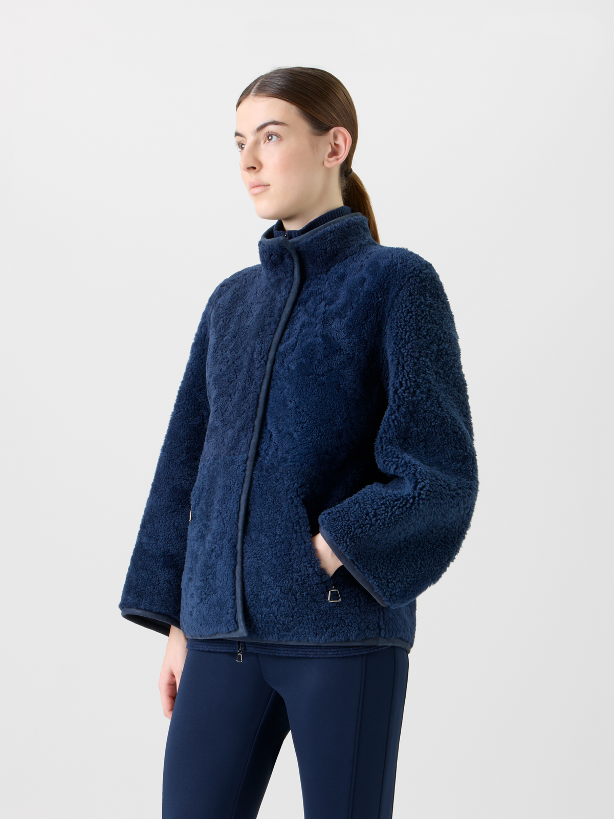 Designer Reversible Shearling Mock Neck Jacket - neutral - navy - blue #editorial