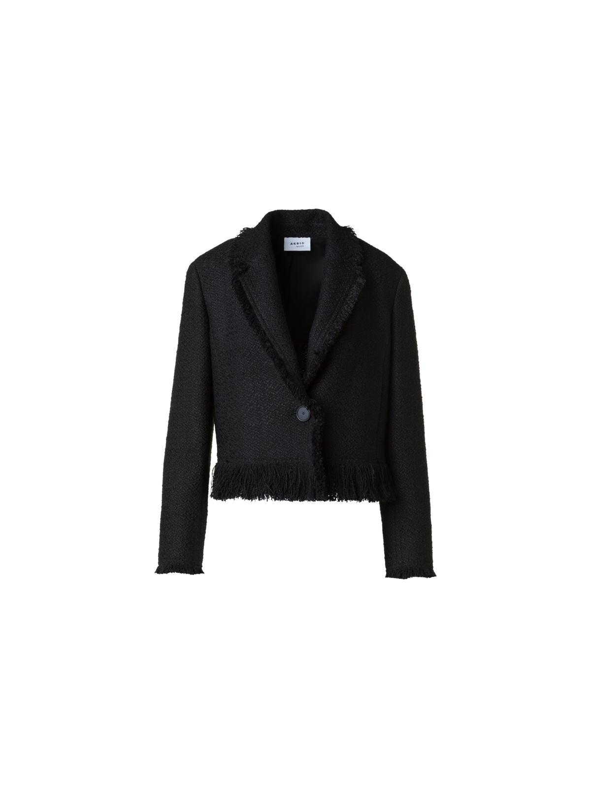 Designer Cropped Bouclé Tweed Jacket with Fringe Hem - black - neutral