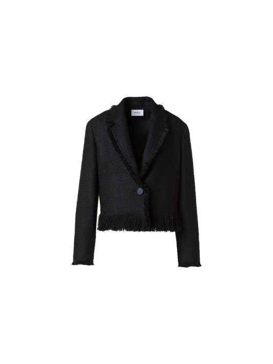 Designer Cropped Bouclé Tweed Jacket with Fringe Hem - black - neutral