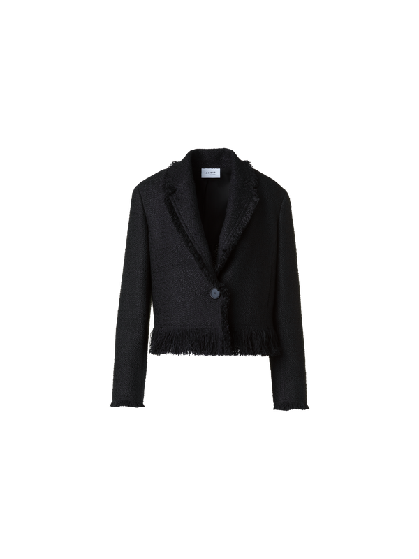 Designer Cropped Bouclé Tweed Jacket with Fringe Hem - black - neutral