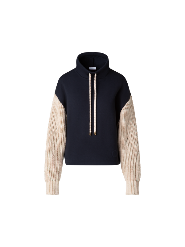 Designer Jersey Hoodie with Knit Sleeves - navy - blue - multicolor - beige