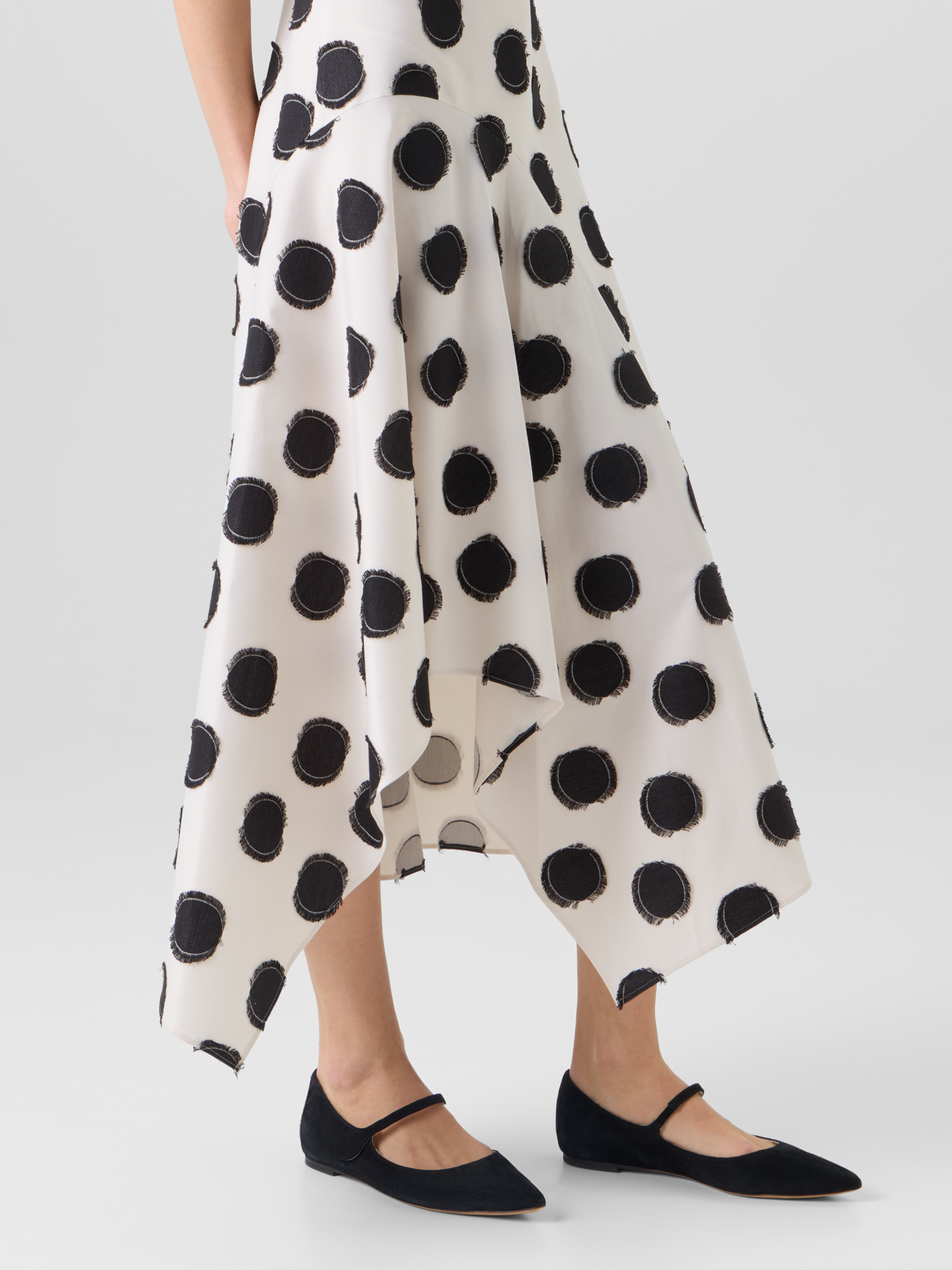 Designer Sleeveless Fringed Polka-Dot Midi Dress - white 