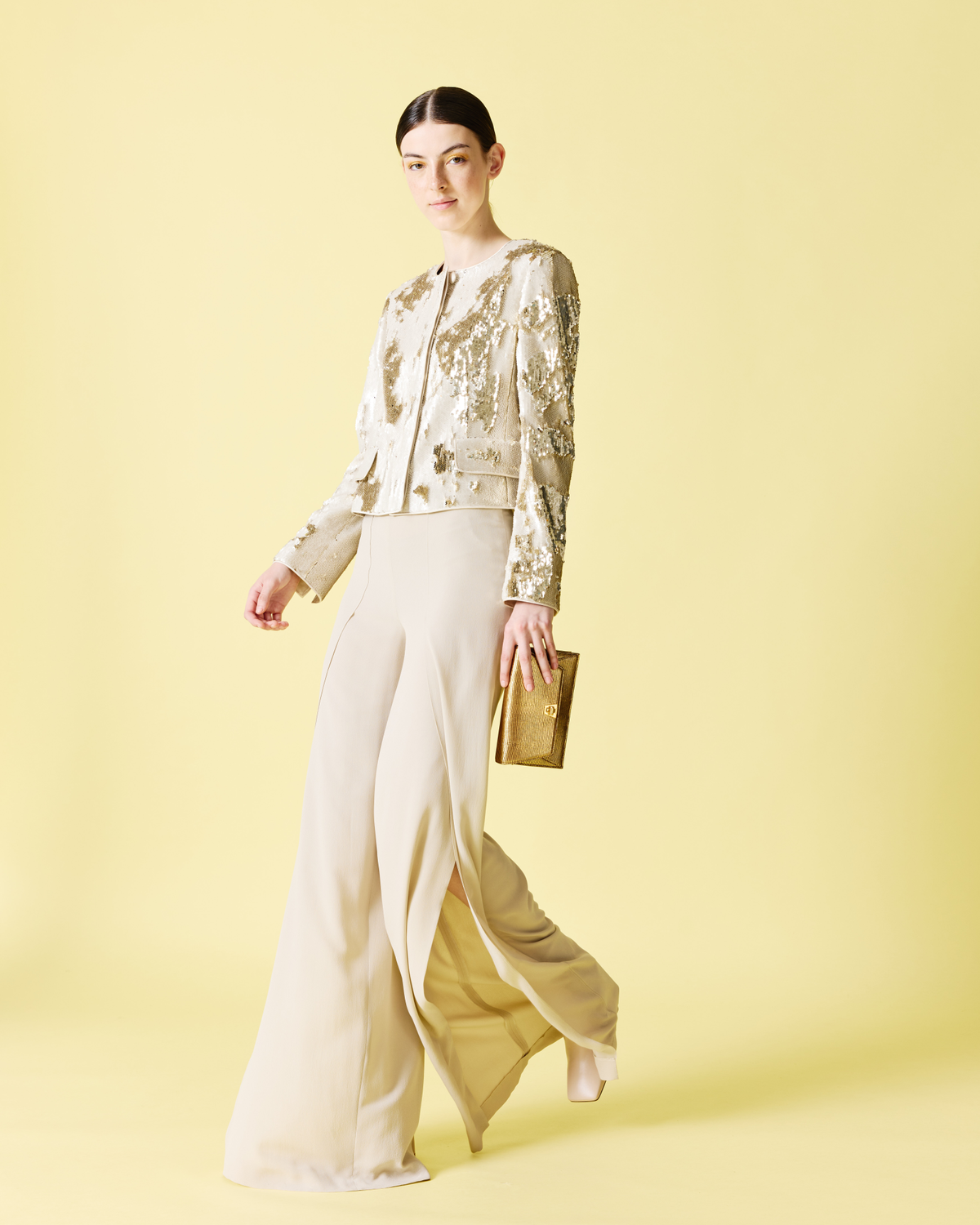 Designer Cropped Jacket with Dual Sequins - beige - gold #editorial