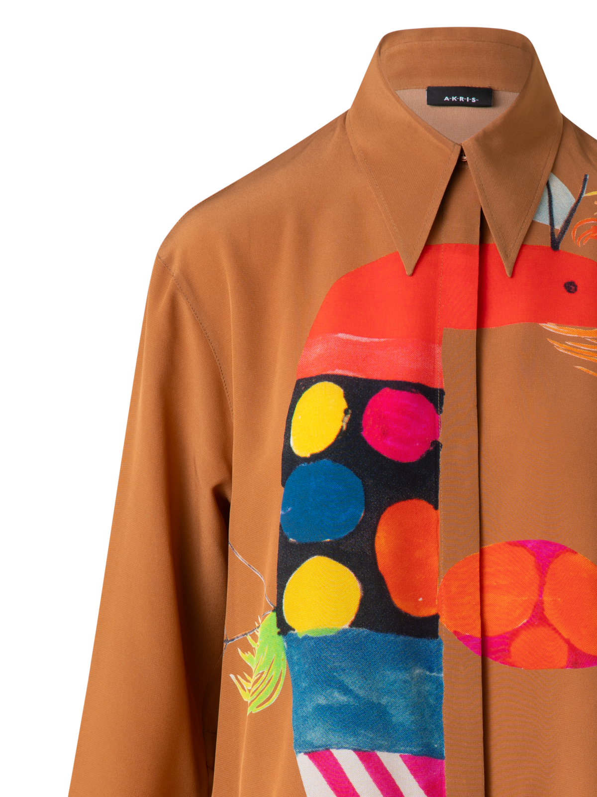 Designer Oversized Silk Tunic Blouse with Rooster Print - brown - multicolor