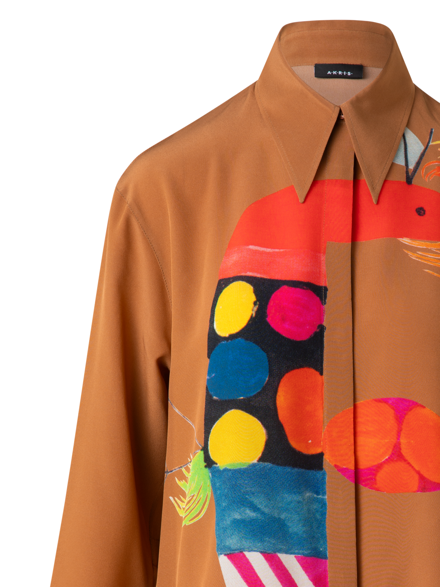 Designer Oversized Silk Tunic Blouse with Rooster Print - brown - multicolor