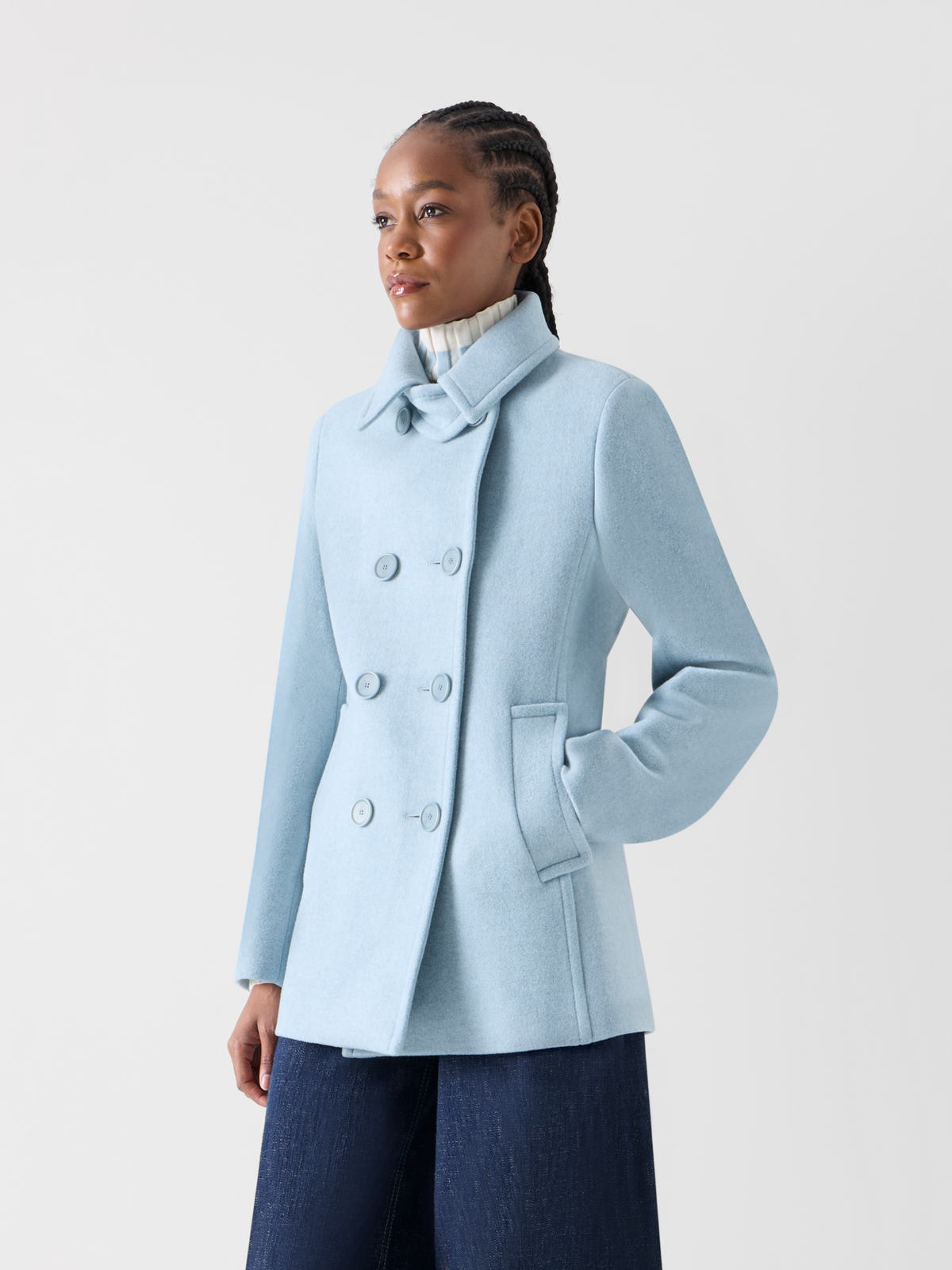 Designer Double-Breasted Peacoat in Felted Wool - blue 
