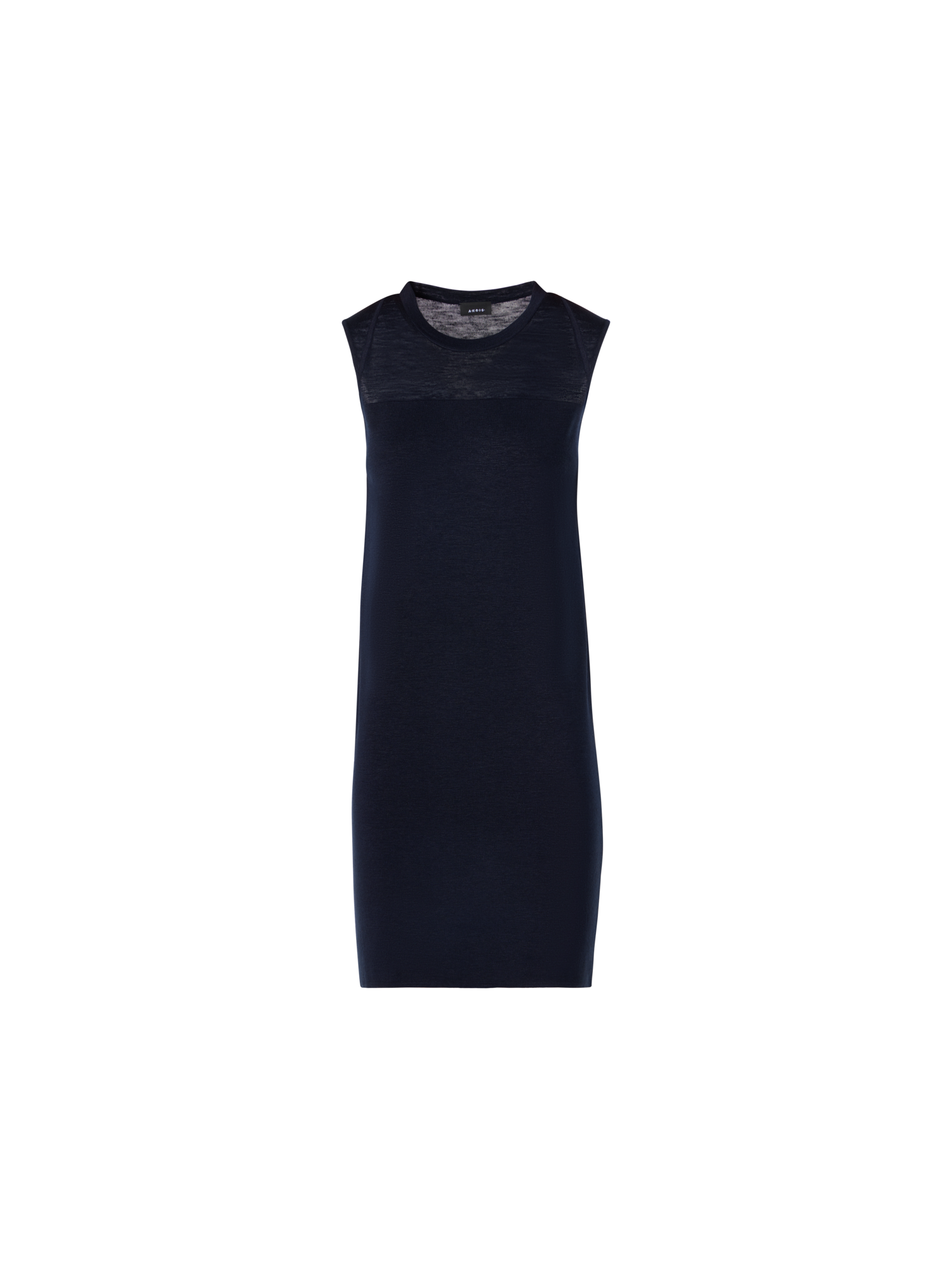 Designer Sleeveless Stretch Linen-Silk Knit Sheath Dress - navy