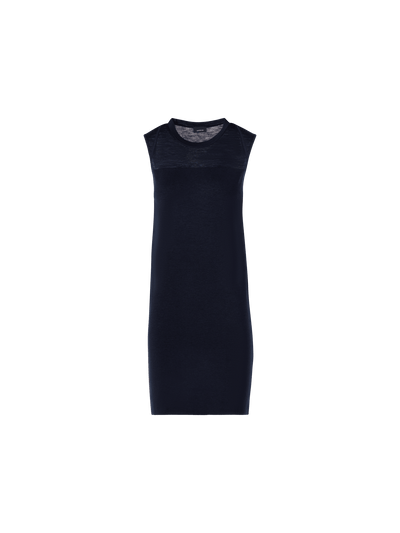 Designer Sleeveless Stretch Linen-Silk Knit Sheath Dress - navy