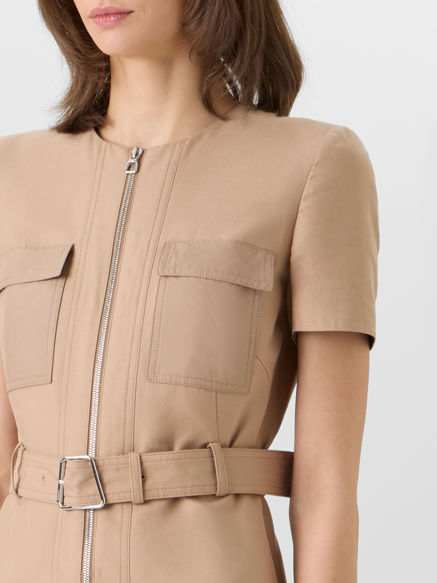 Designer Short-Sleeve Cotton Double-Face Dress - beige 