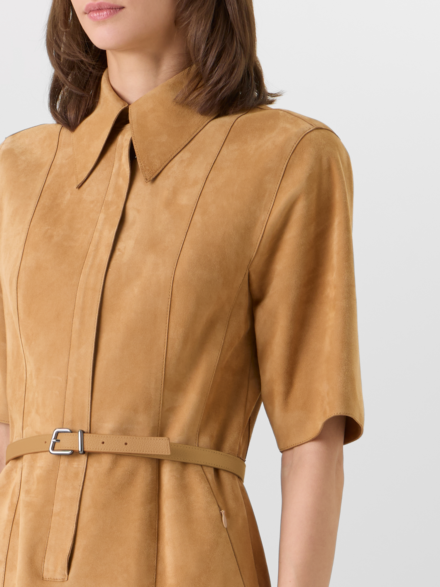 Designer Short-Sleeve Suede Shirt Dress - neutral 