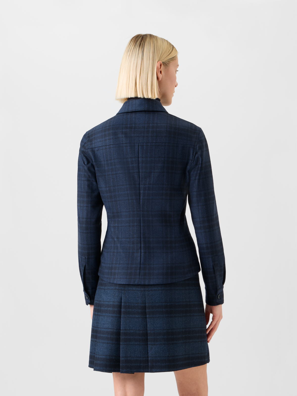 Designer Fitted Wool Flannel Plaid Shirt Blouse - neutral - navy - blue #editorial
