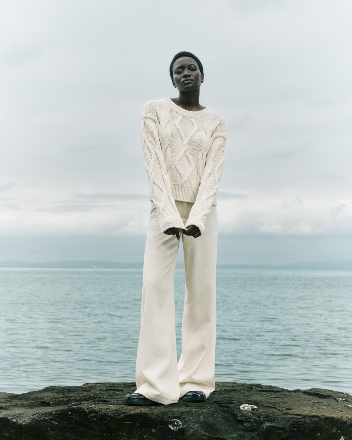 Designer Crew Neck Sweater in Chunky Cable Cotton - neutral - pastel - ecru - beige - white #editorial